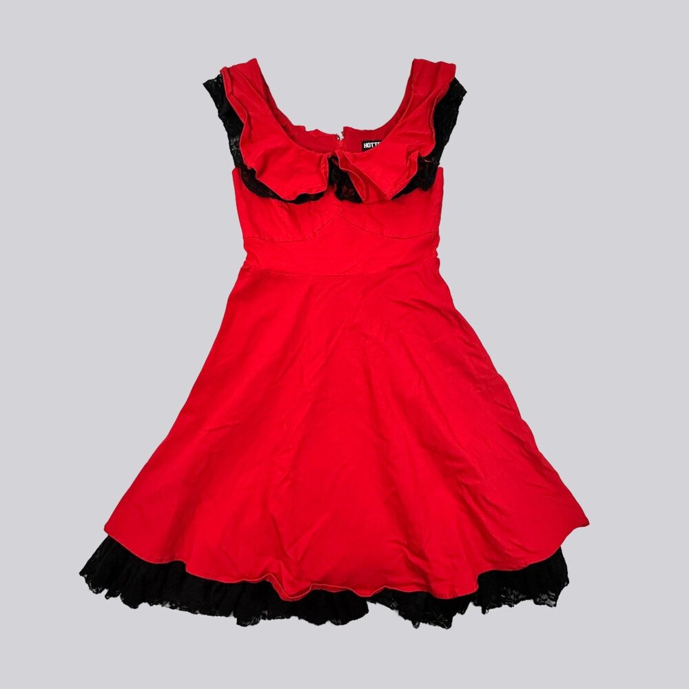 Rockabilly Hot Topic Red Fit & Flare Dress Lace Trim Bow M